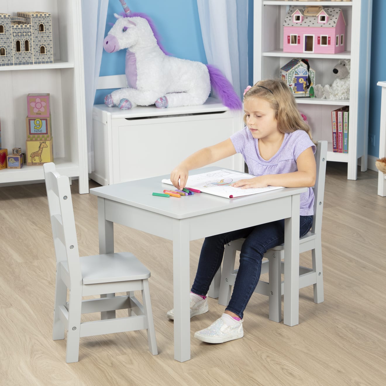 Wooden Table & 2 Chairs - Gray